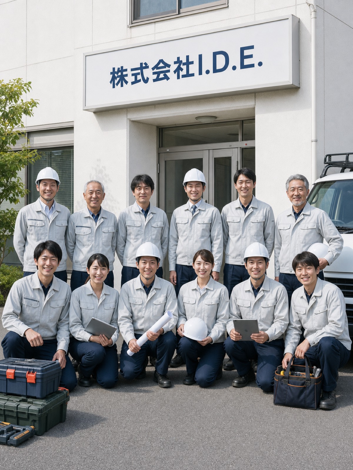 株式会社I.D.E.の現場スタッフと事務所前の会社紹介写真
